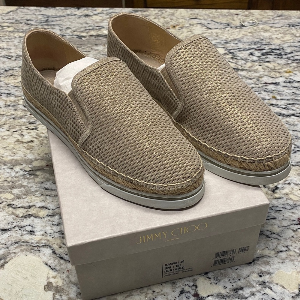 Jimmy Choo Dawn Light Gold Embossed Slip-on Espadrille Sneakers Size 40/10